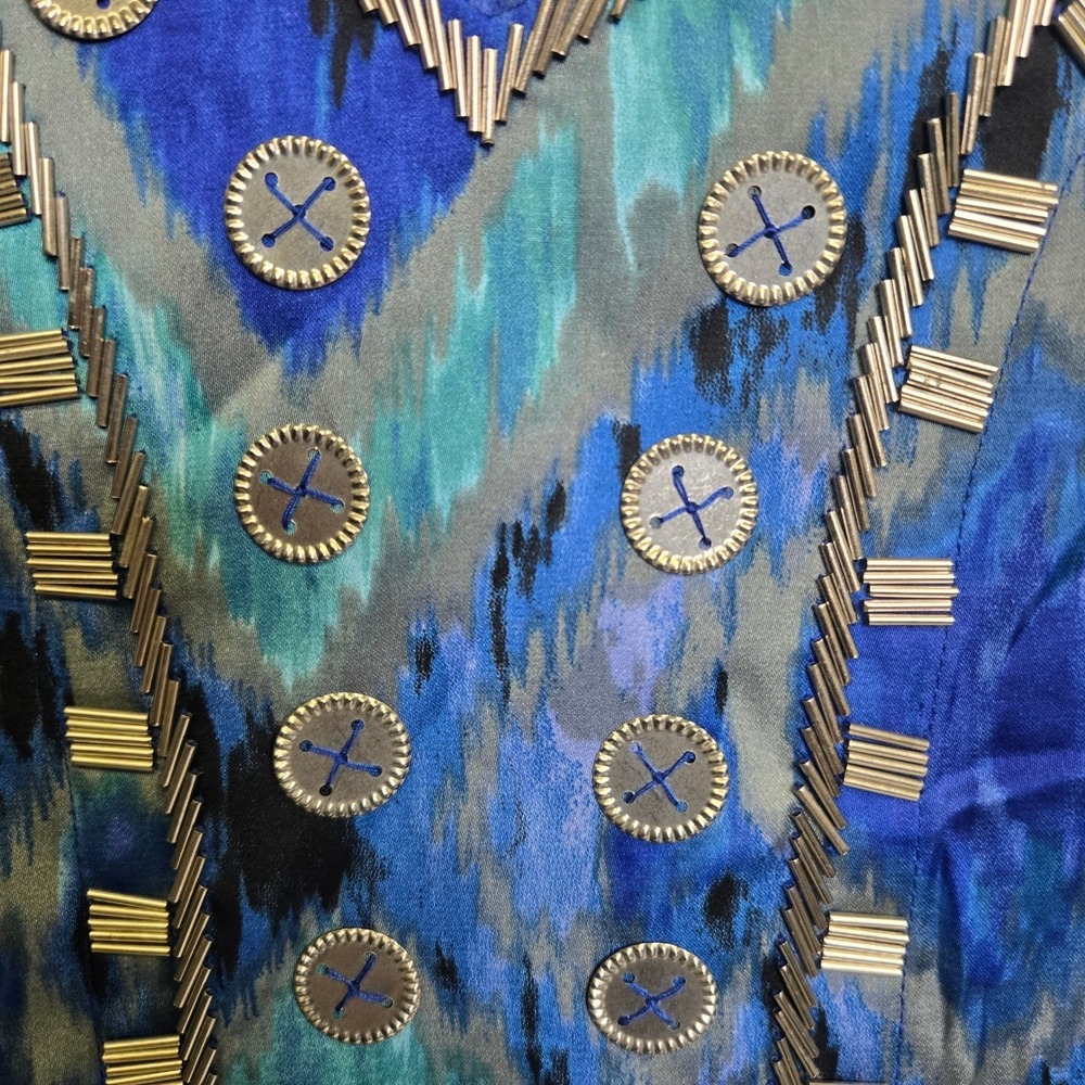Chico's Ikat Printed Sequin Embellished Tunic Top Boho Hippie Blue Size 3‎ XL - Picture 9 of 11